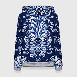 Толстовка-худи женская Гжель русский орнамент королевский синий, цвет: 3D-меланж