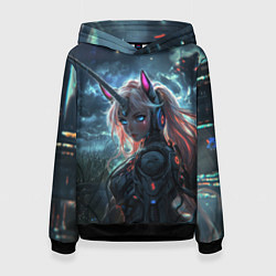 Толстовка-худи женская Девушка - единорог киберпанк, цвет: 3D-черный