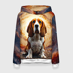Толстовка-худи женская Бассет-хаунд в космосе, цвет: 3D-белый