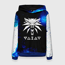 Толстовка-худи женская Ведьмак лого синие краски, цвет: 3D-синий