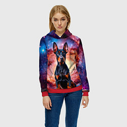 Толстовка-худи женская Доберман в космосе, цвет: 3D-красный — фото 2