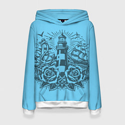 Толстовка-худи женская Маяк с розами и кораблем, цвет: 3D-белый