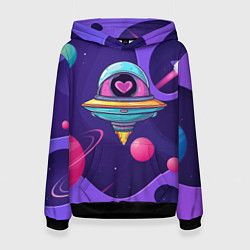 Толстовка-худи женская Летающая тарелка с сердцем, цвет: 3D-черный