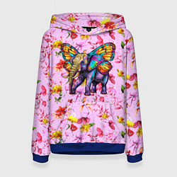 Толстовка-худи женская Слон с крыльями бабочки, цвет: 3D-синий