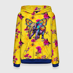 Толстовка-худи женская Слон с крыльями бабочки на цветочном фоне, цвет: 3D-синий