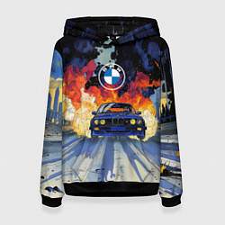 Толстовка-худи женская Синяя БМВ за огнем, цвет: 3D-черный