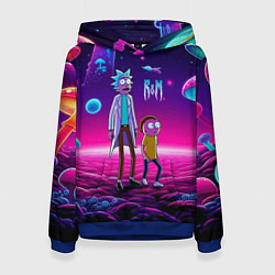 Толстовка-худи женская Морти и Рик на планете неоновых сказочных грибов, цвет: 3D-синий