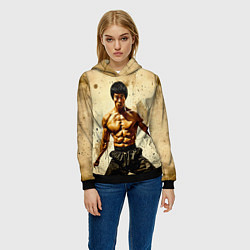 Толстовка-худи женская Брюс Ли на бежевом, цвет: 3D-черный — фото 2