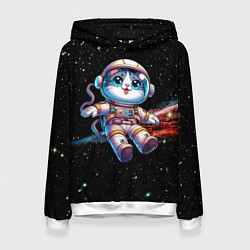 Толстовка-худи женская Котёнок космонавт в открытом космосе, цвет: 3D-белый
