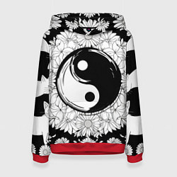 Толстовка-худи женская Инь янь цветы с котами, цвет: 3D-красный