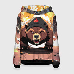 Толстовка-худи женская Злой русский медведь с пилоткой на голове, цвет: 3D-черный