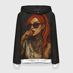 Толстовка-худи женская Рыжая девушка в очках с тату, цвет: 3D-белый