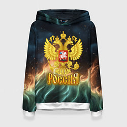 Толстовка-худи женская Герб России зеленое пламя, цвет: 3D-белый