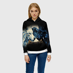 Толстовка-худи женская Инь янь волк и волчица с луной, цвет: 3D-белый — фото 2