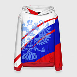 Толстовка-худи женская Герб на фоне цветов флага бело-сине-красный, цвет: 3D-красный