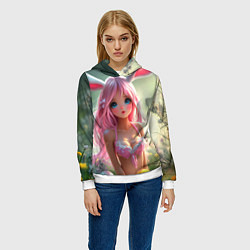 Толстовка-худи женская Девушка с ушками зайца, цвет: 3D-белый — фото 2