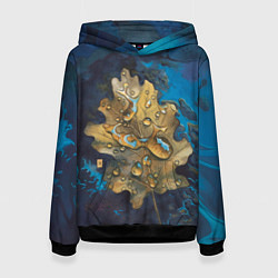 Толстовка-худи женская Осенний лист с каплями акварельный - крупный арт, цвет: 3D-черный