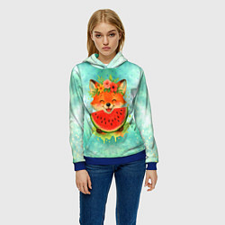 Толстовка-худи женская Веселая лисичка ест арбуз, цвет: 3D-синий — фото 2