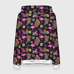 Женская толстовка Фламинго и листья на темно-синем