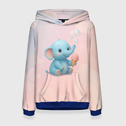 Толстовка-худи женская Маленький слоненок с мороженым пускает пузыри, цвет: 3D-синий