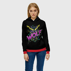 Толстовка-худи женская Голова волка со светящимися желтыми глазами, цвет: 3D-красный — фото 2