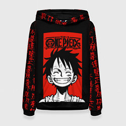 Толстовка-худи женская Ван Пис, Луффи на красном, цвет: 3D-черный