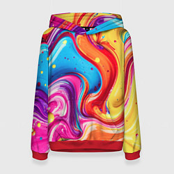 Толстовка-худи женская Смесь красно-жёлто-голубых масляных красок абстрак, цвет: 3D-красный