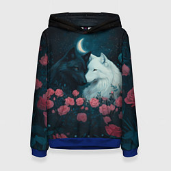 Толстовка-худи женская Влюбленные волки и розы, цвет: 3D-синий