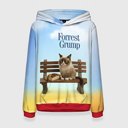 Толстовка-худи женская Пародия Форрест Гамп - кот на скамейке, цвет: 3D-красный