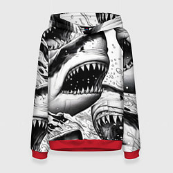 Толстовка-худи женская Белая акула - стая, цвет: 3D-красный