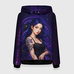 Женская толстовка Девушка с тату на руке и пурпурная змея