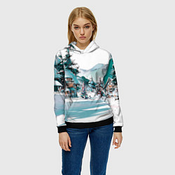 Толстовка-худи женская Дома и елки - Новый год, цвет: 3D-черный — фото 2