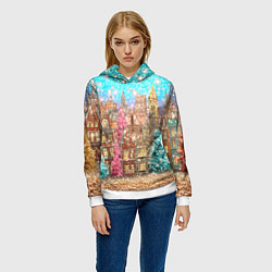 Толстовка-худи женская Новогодний город в блестках, цвет: 3D-белый — фото 2