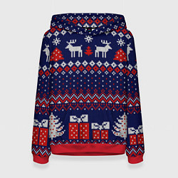 Толстовка-худи женская Новогодний вязаный паттерн, цвет: 3D-красный