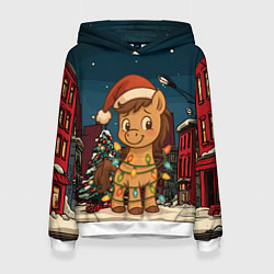 Толстовка-худи женская Лошадка в новогодней гирлянде, цвет: 3D-белый