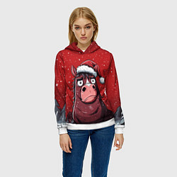 Толстовка-худи женская Конь в новогодней шапке, цвет: 3D-белый — фото 2