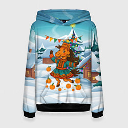 Толстовка-худи женская Лошадь в национальном костюме, цвет: 3D-черный