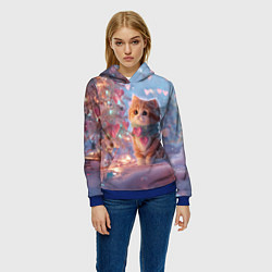 Толстовка-худи женская Маленький котенок у сияющей елочки, цвет: 3D-синий — фото 2