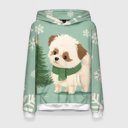 Толстовка-худи женская Новогодний песик с елочкой, цвет: 3D-белый