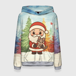 Толстовка-худи женская Санта с котенком, цвет: 3D-меланж
