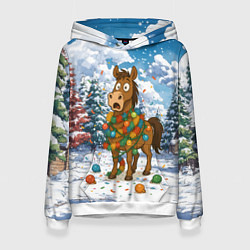 Женская толстовка Новогодняя лошадь в гирлянде