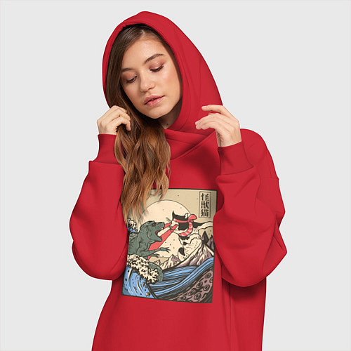 Женская толстовка-платье Cat Kong versus Godzilla Kaiju / Красный – фото 3