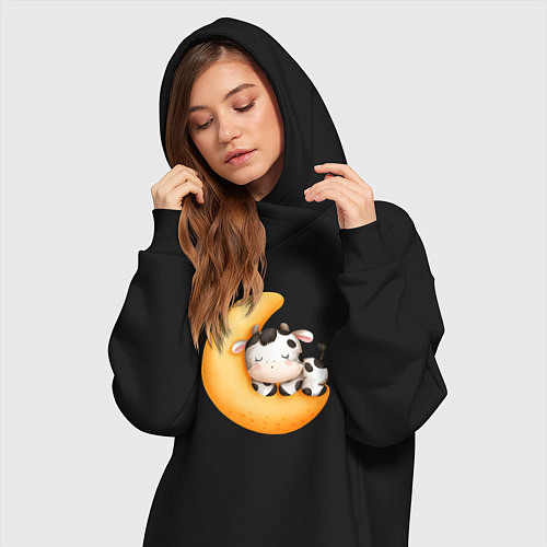 Женская толстовка-платье Спящий бычок на месяце / Черный – фото 3