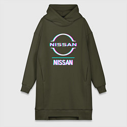 Женское худи-платье Значок Nissan в стиле glitch, цвет: хаки