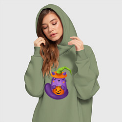 Женское худи-платье Смешной кот в ведьмовской шляпе с тыквой Джек, Хэл, цвет: авокадо — фото 2