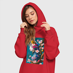 Женское худи-платье Девушка с птицей на фоне цветущей сакуры, цвет: красный — фото 2
