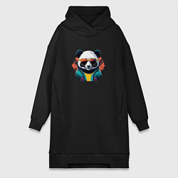 Женское худи-платье Стильная панда в очках, цвет: черный