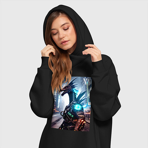 Женская толстовка-платье Cool dragon - cyberpunk - ai art / Черный – фото 3