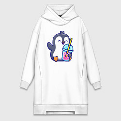 Женское худи-платье Пингвин с напитком, цвет: белый
