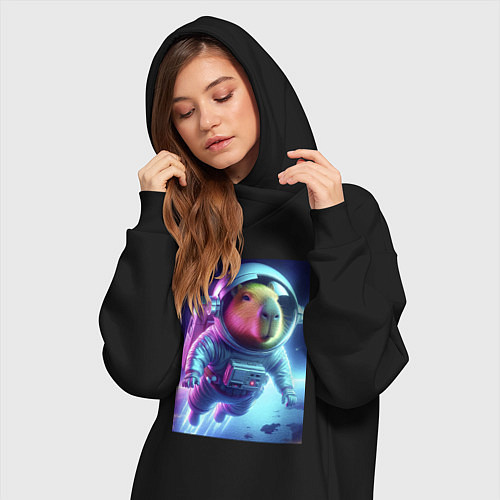Женская толстовка-платье Полёт капибары в космосе - неон / Черный – фото 3